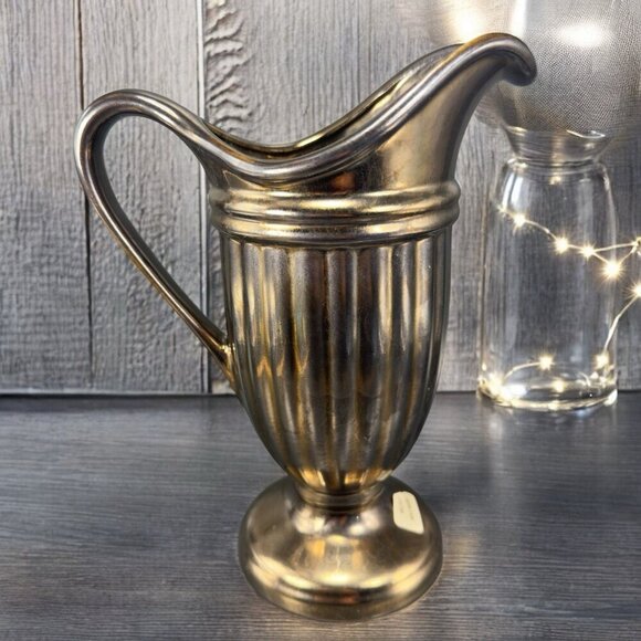 Haeger Art Pottery Bronzed Metallic Glaze Urn Pitcher Footed Vase Vintage Decor - Picture 2 of 16